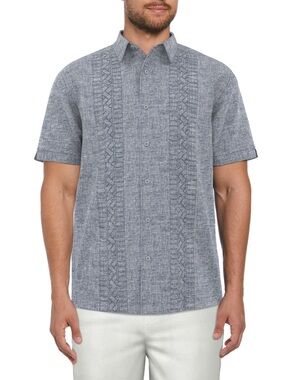 Cafe Luna Men's Linen Blend Crossed Geo Print Panel Short Sleeve